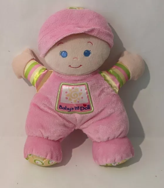 Fisher Price Babys Baby's First Doll Pink Plush Stripes Circles Rattle EUC