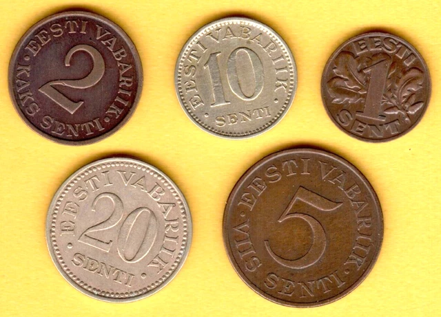 Estonia lot of 5 coins 1, 2, 5, 10 and 20 Senti 1929-35s. Baltic State 2283