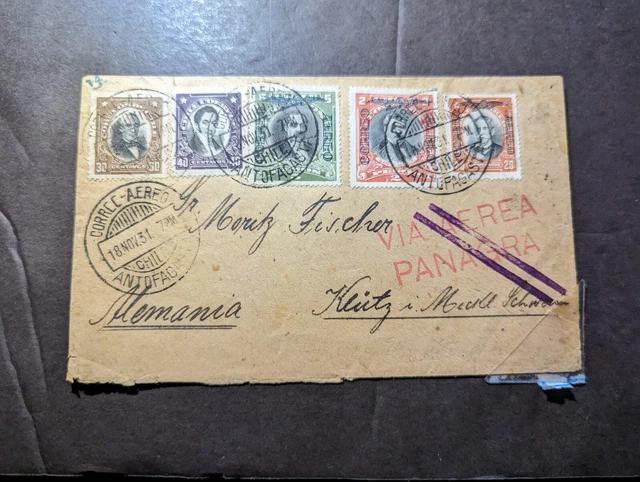1931 Chile Airmail Overprint Cover Antofagata to Klutz Germany