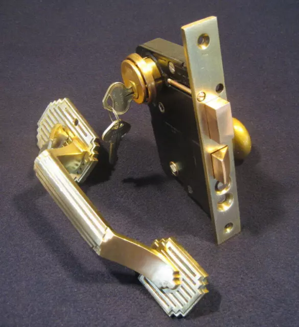Antique Entry Mortise Lock Brass Art Deco Pull Handle 2 keys - Russwin #11213 2