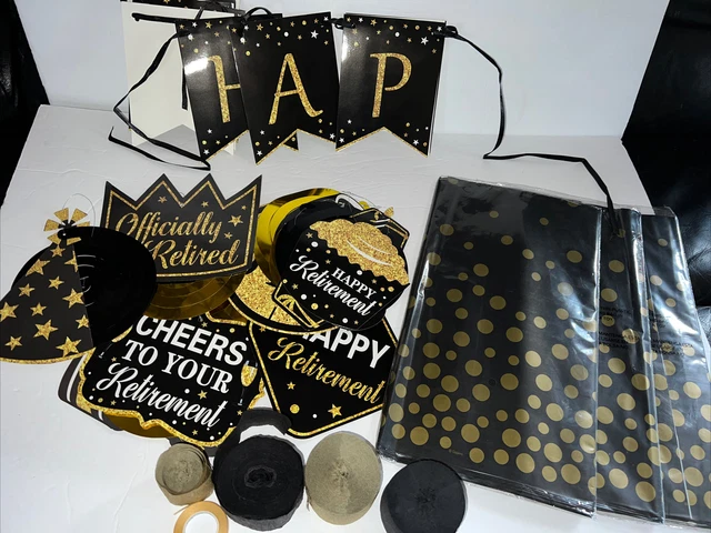 Lot Retirement Party Decorations Banner Swirl Hangers Black Gold Tablecloths GUC