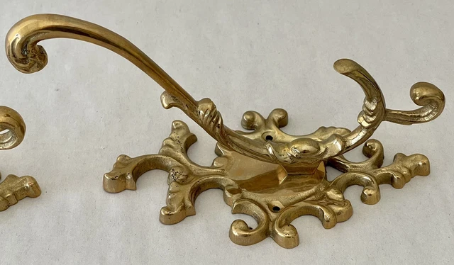 Set of 2 Vtg Antique Style Ornate Solid Brass Triple Coat Key Hat Hanger Hooks 11