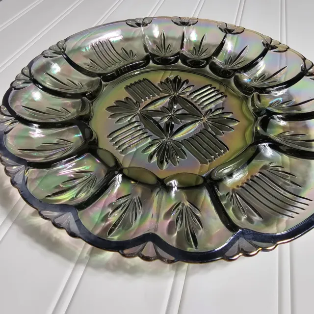 Vintage FEDERAL GLASS Smoky Iridescent Carnival Deviled Egg Dish Plate 10.75"
