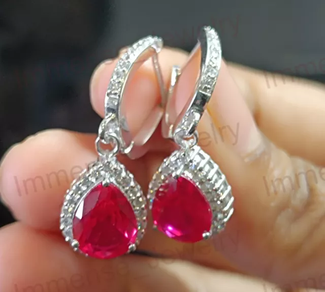 Wedding 4Ct Pear Cut Red Ruby 14K White Gold Plated Halo Drop & Dangle Earrings