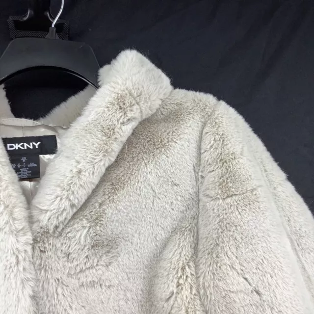 Dkny Womens Faux Fur Jacket Beige Hooded Long Sleeve Lined Pockets M New 2