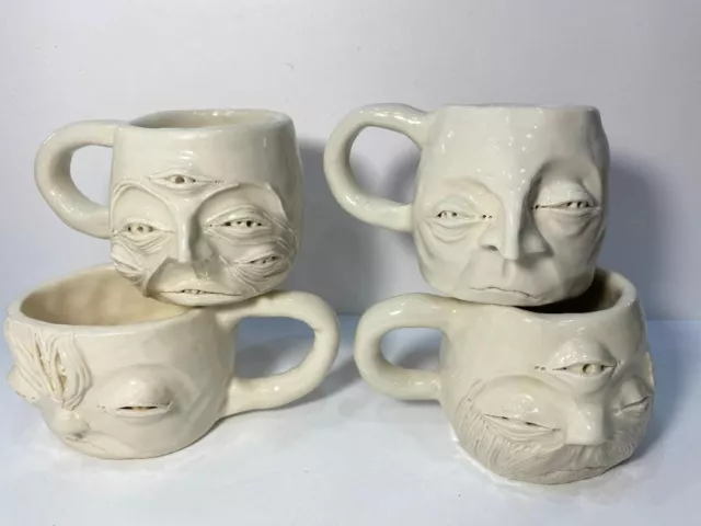 UGLY FACE Monster Alien Mugs Set of 4 Studio Art Pottery Ceramics Clay Signed