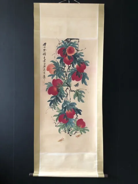 Old Chinese Antique Hand Painting Scroll Peachs insects by Qi Baishi寿桃草虫