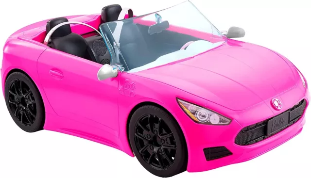 Coche de juguete Barbie, rosa brillante convertible de 2 plazas con cinturones de seguridad y ruedas rodantes