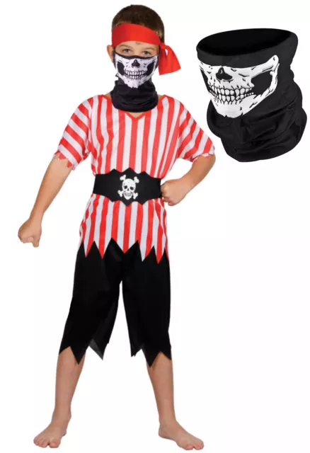 Boys Pirate Captain Fancy Dress Costume with Skeleton Skull Mask Snood Bandana