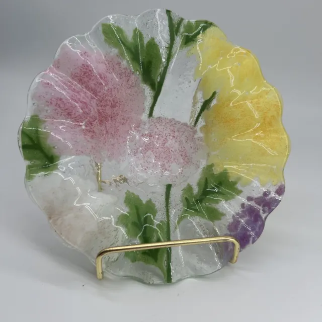 Sydenstriker Fused Art Glass Spring Easter Flowers Shallow Bowl Signed AC Ross