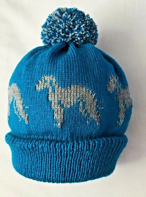 BEDLINGTON TERRIER NEW Knitted BLUE pom pom bobble hat with DOG design,,