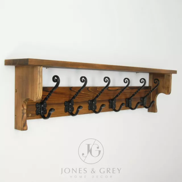 Antique Rustic Brown Wooden Wall Coat Rack With Shelf 6 Vintage Cast Iron Hooks