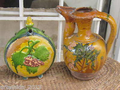 Lot of VERY RARE Antique OTTOMAN EMPIRE Ceramics Glazed POTTERY PITCHER &CANTEEN