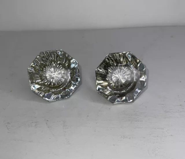 2 Vintage 8 Point Clear Glass Faceted Door Knobs Handles Salvage Crystal 2"