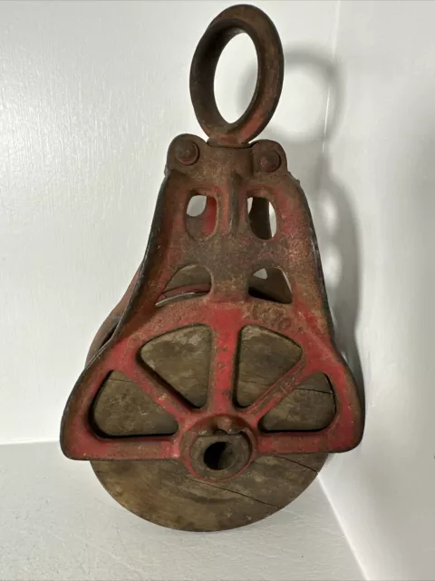 Antique Vintage Cast Iron + Wood Ornate Barn Pulley