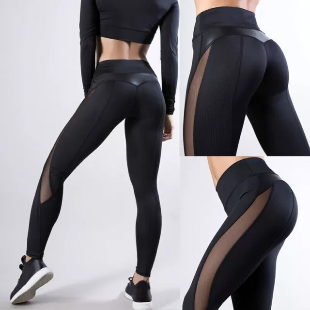 Damen Leggings Schwarz Mesh Yoga Hose Sporthosen Fitness Leggins Gym Hosen L/P