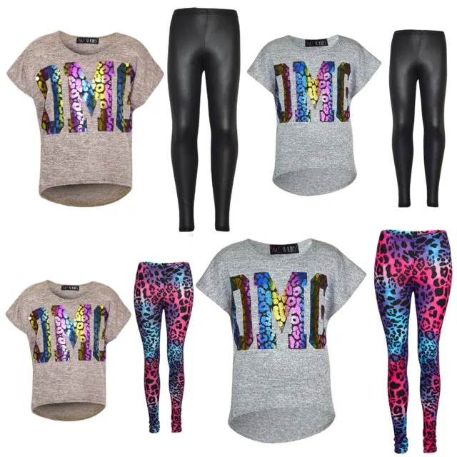 Kids Girls OMG Print T Shirt Top & Wet Look Leopard Legging Outfit Set 7-13 Yrs