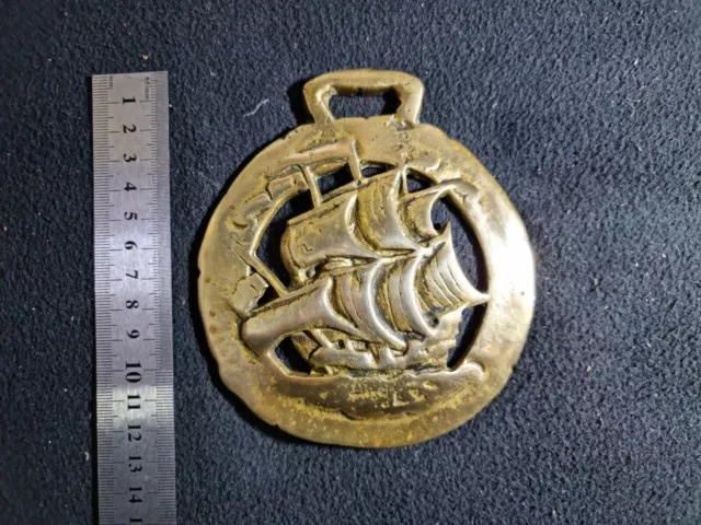 Vintage Brass Horse Harness Medallion With Tall Ship Collectible Item