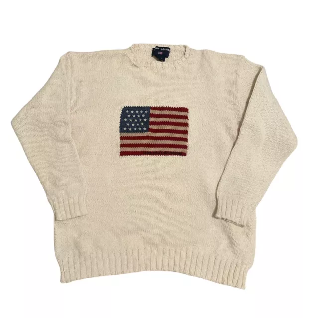 Vintage Ralph Lauren Polo Sport Mens L Knit American USA Flag Knitted Sweater