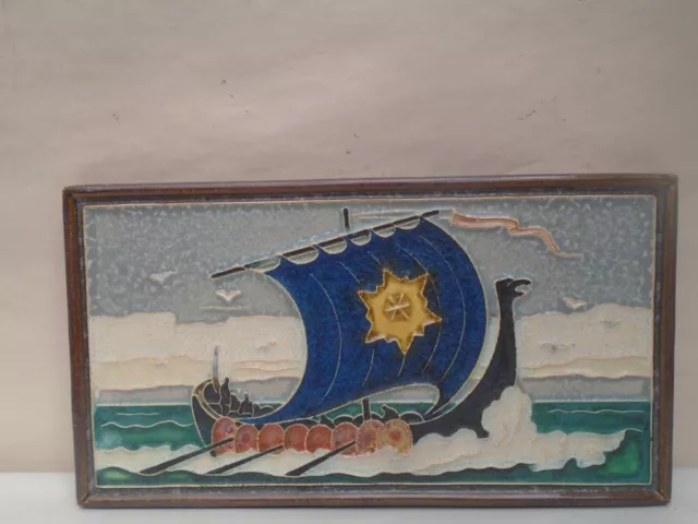 Rare vintage DELFT De Porceleyne Fles enamelled pottery tile plaque  VIKING BOAT