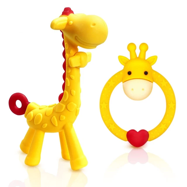 SHARE&CARE BPA Free 2 Silicone Giraffe Baby Teether Toy Yellow Storage Case