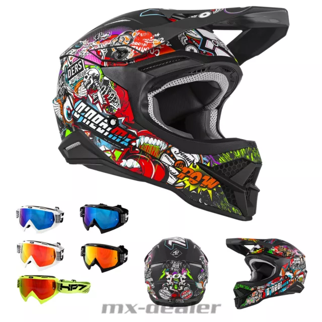 Oneal 3 Srs V.23 Crank 2.0 Casco da Cross + HP7 Occhiali MX Motocross Enduro