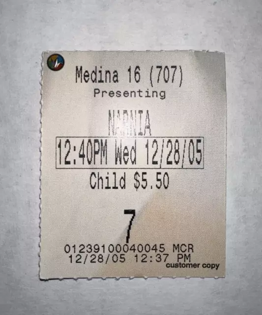 12/28/05 Chronicles of NARNIA Film Movie Ticket Stub Regal Cinemas OPENING MONTH