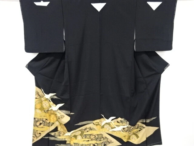 6791677: Japanese Kimono / Vintage Tomesode / Kinsai / Cranes & Flower Crest