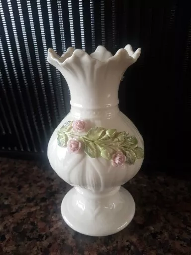 Vintage IRISH Belleek Parian China Vase Pink & Green Applied Flowers~ 6.25" Tall