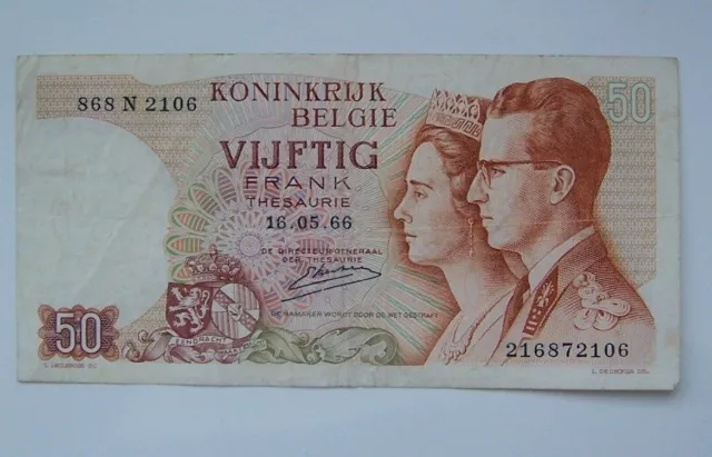 Bank Note, Belgium  50 Francs, King Baudouin, Atomium Building, 1966, Vintage