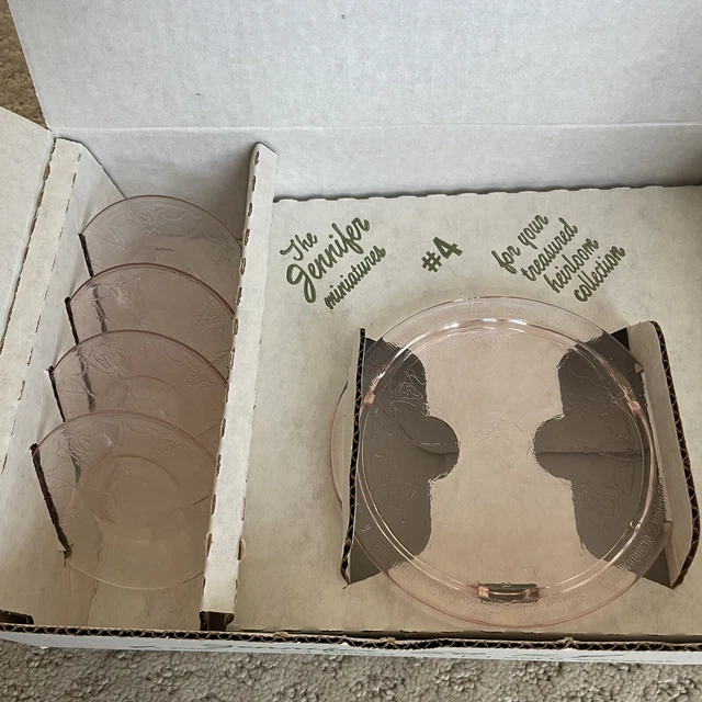 Vintage SET #4 Mosser PINK Glass Miniatures Jennifer NIB NOS Cake Plates, Server