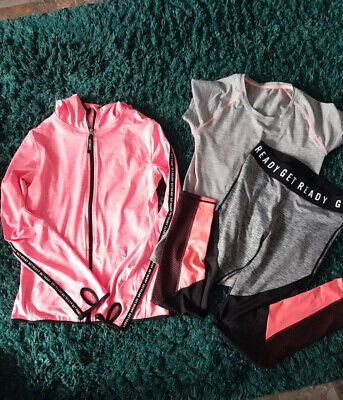 Felpa con cappuccio, leggings e T-shirt ragazze H&M SPORTS età 12/14 anni, rosa brillante e grigio