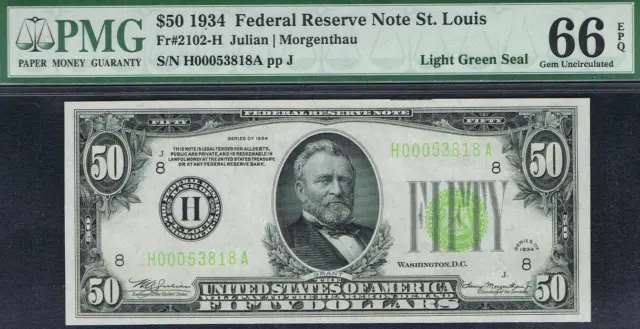 LGS. LIGHT GREEN SEAL. $50 1934 St. Louis FRN. PMG 66 EPQ. Low Digits SN.