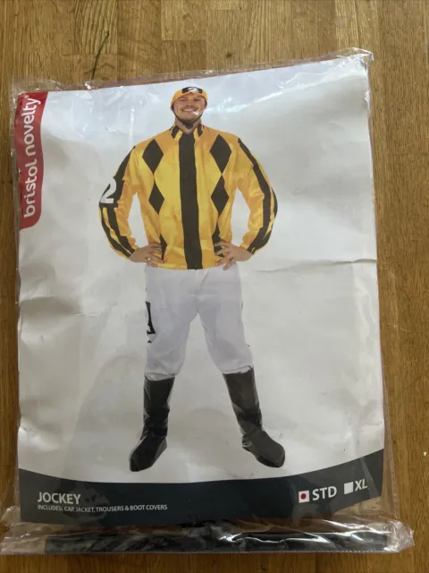 Mens Yellow & Black Jockey Costume Horse Racer Rider Adult Stag Pub Fancy Dress