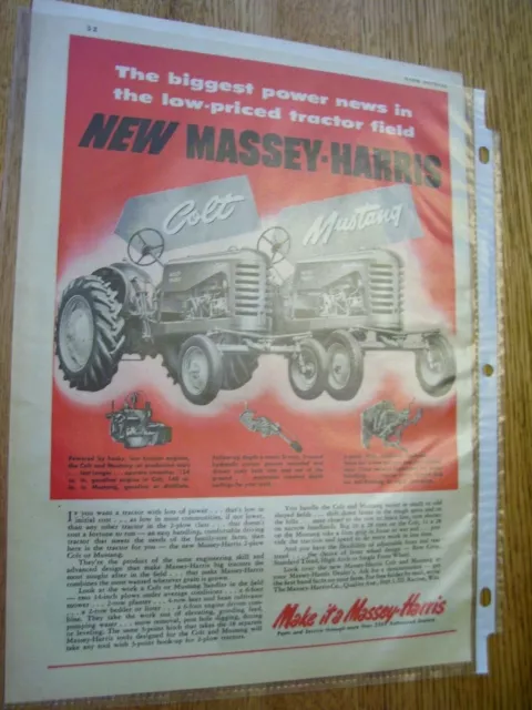 Vintage Massey Harris Advertising  -Mh  Colt & Mustang  Tractors - 1952