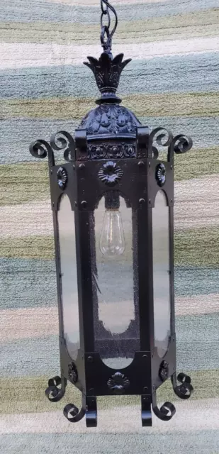 Vintage Spanish Revival Gothic Wrought Iron Hanging Light HandBlown Glass Panels