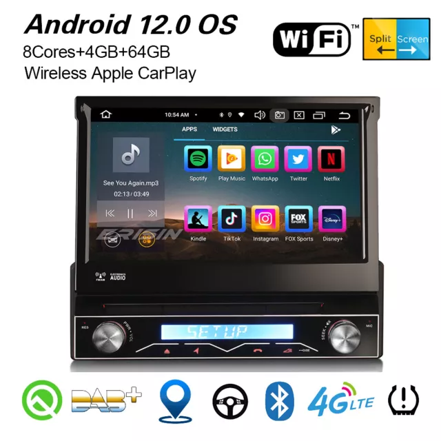 8-Core Android 12.0 Universal 1 Din Car Stereo CarPlay DVD WiFi DAB+ Satnav 64GB