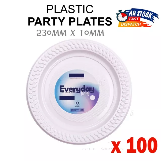 100x Party White Plastic Dinner Plates 230mm Catering Picnic Round Plate Bulk AU