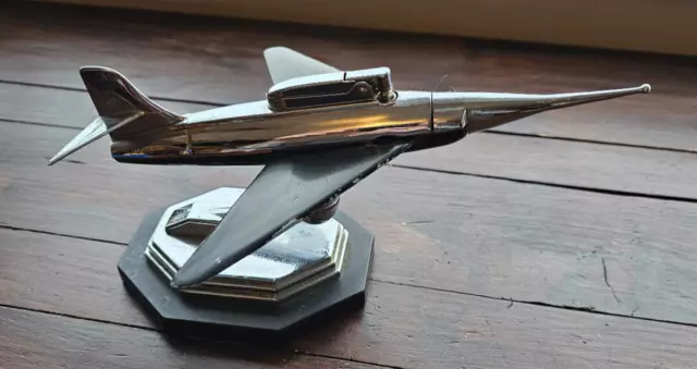 Rare Vintage "GALA-SONC" Chrome Plated Jet Fighter Petrol Table Lighter Working