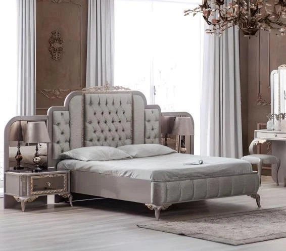Chambre à Coucher Ensemble Lit Double Lit Nachttische Gris Bois Set Lits 3tlg