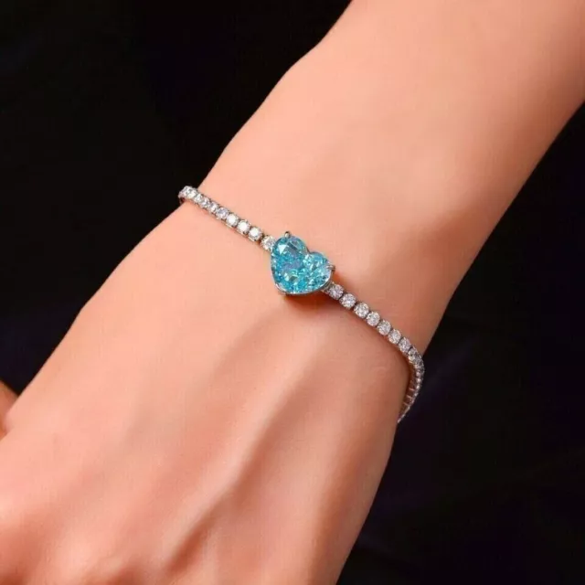 14k White Gold Plated 3.25Ct Heart Cut Lab Created Aquamarine & Diamond Bracelet