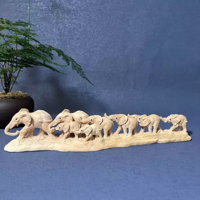 Chinese Boxwood Wood Hand Carving African elephant Statue黄杨木.象群61206