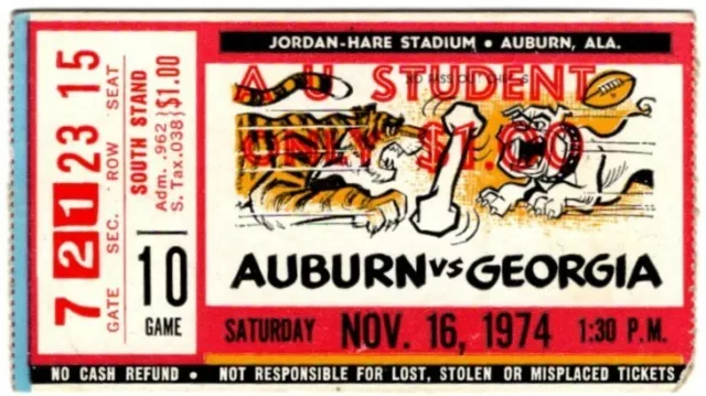 1974 AUBURN TIGERS vs GEORGIA BULLDOGS football ticket stub 11/16/74