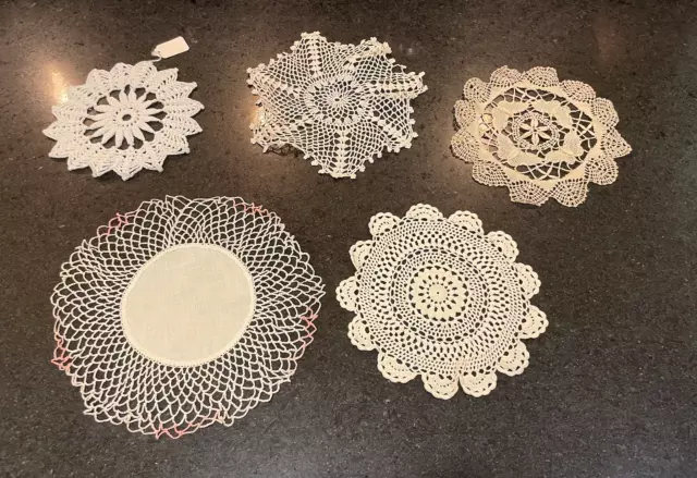 MIXED LOT 5 Vintage Crocheted LACE DOILIES White Ecru Cotton Round Small & Med 3