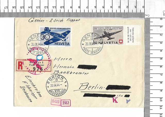 Zensurbrief axis ww2 Helvetia Zürich - Berlin R-Zettel Geneve 1 geöffnet ; 61649