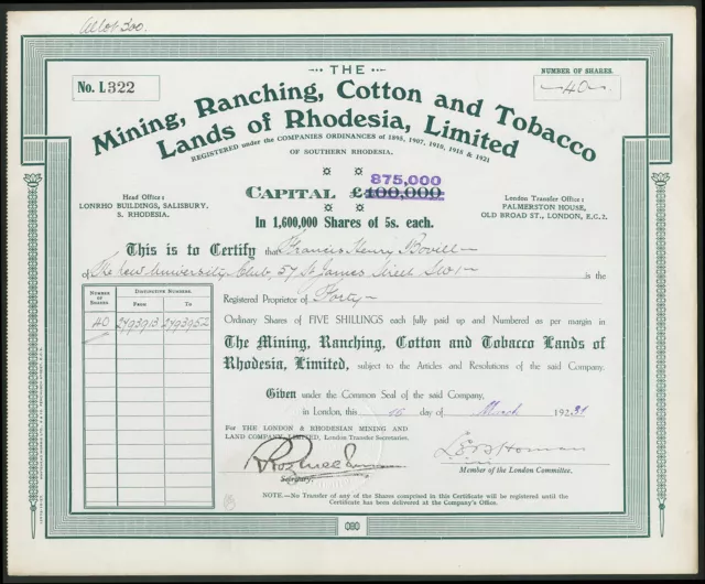 Rhodesia: Mining, Ranching, Cotton and Tobacco Lands of Rhodesia Ltd., 5/- sh...