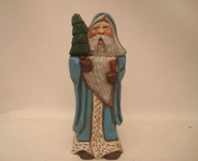 8" Handcarve Basswood Heirloom  Old World Blue Robe Santa  Holding Candle & Tree