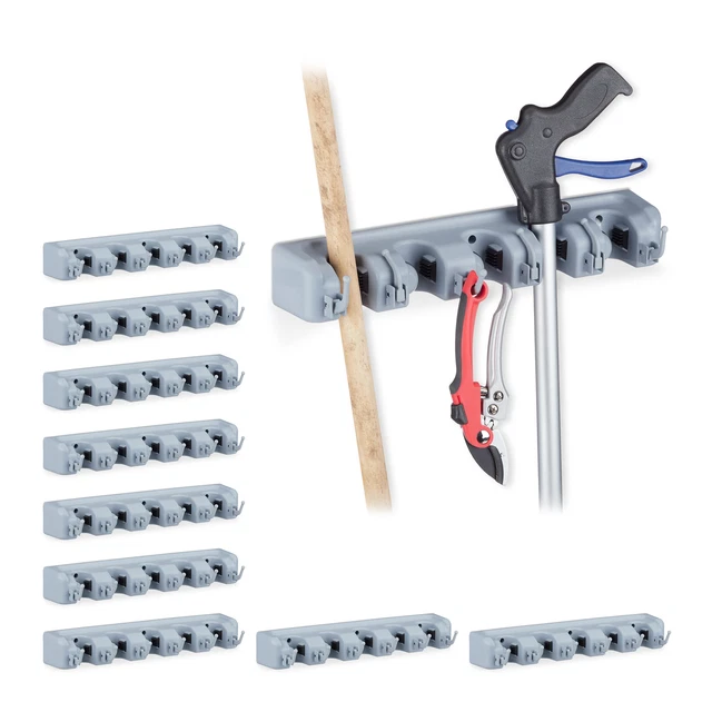 Porte-balai lot 10 Fixation murale Rangement 6 crochets crochets muraux gris