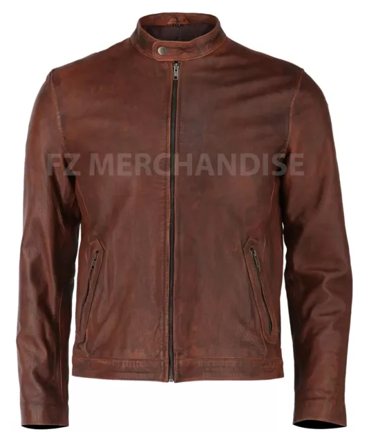 Men’s Motorcycle Biker Vintage Cafe Racer Distressed Brown Real Leather Jacket
