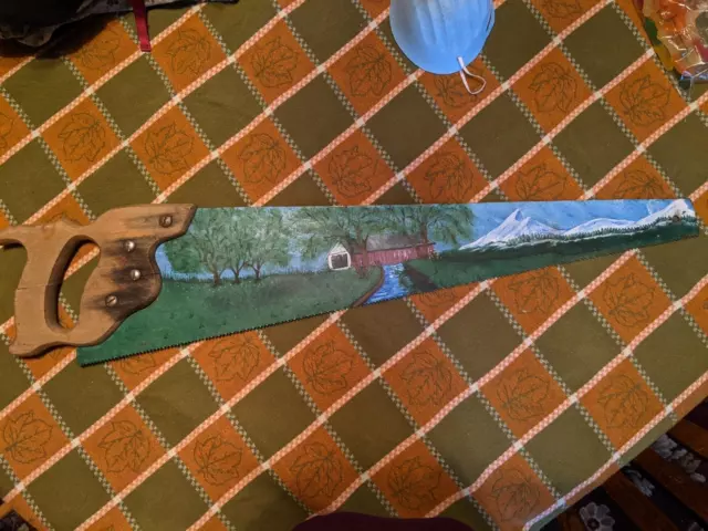 Vtg Hand Painted Hand Saw Blade Wooden Handle Covered Bridge Country Scene 28"